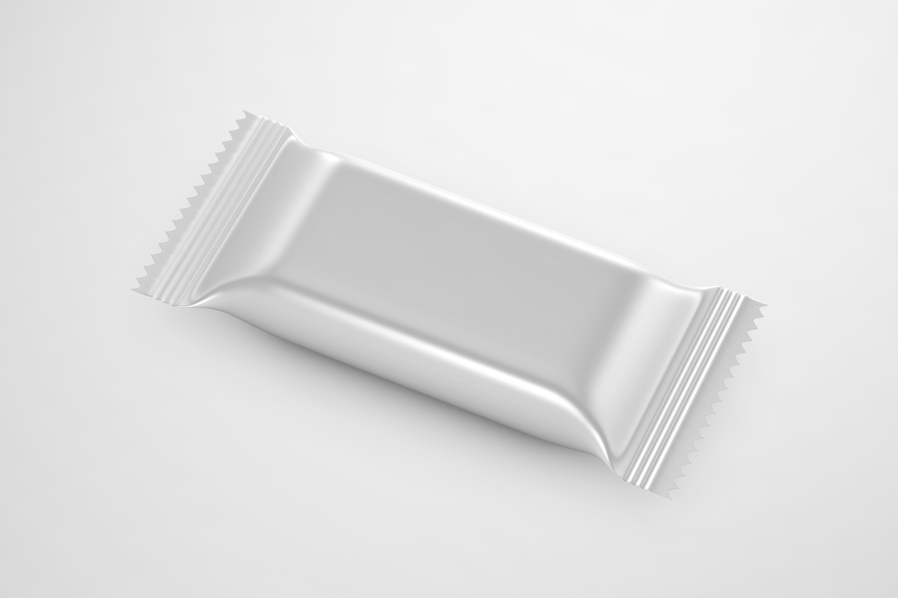 Shiny silver metallic foil wrapper mockup showing the mylar film finish used for custom bags